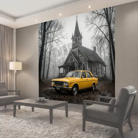 Фотообои Жёлтый седан у старой часовни