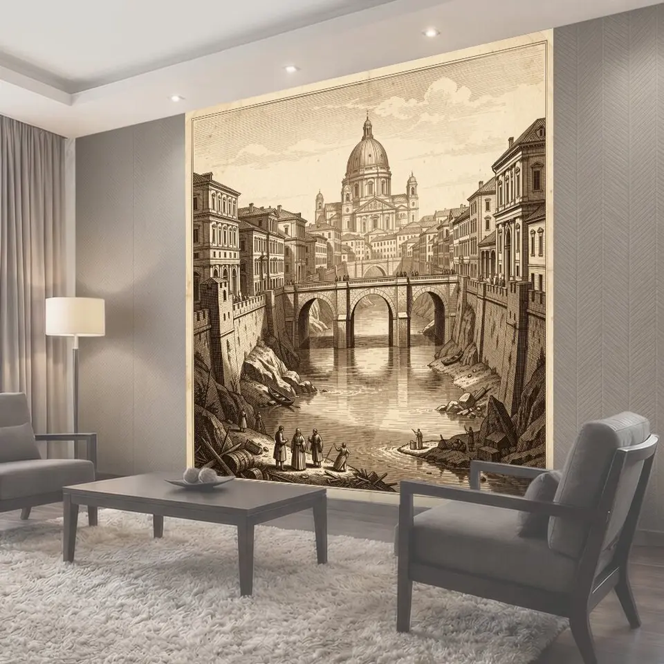 Фотообои Старинный город с собором и мостом