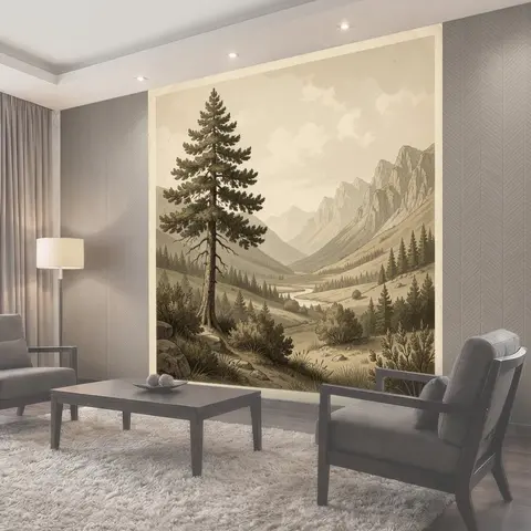 Фотообои Горная долина с хвойным деревом