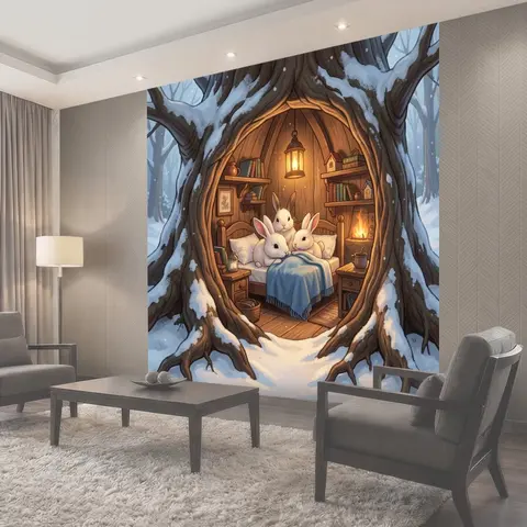 Фотообои Зайцы в лесной хижине зимой