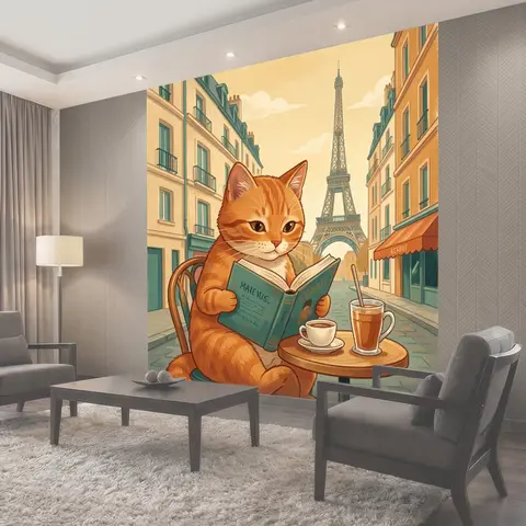 Фотообои Рыжий кот в Париже с кофе