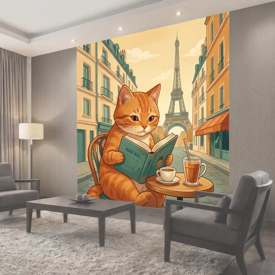 Фотообои Рыжий кот в Париже с кофе