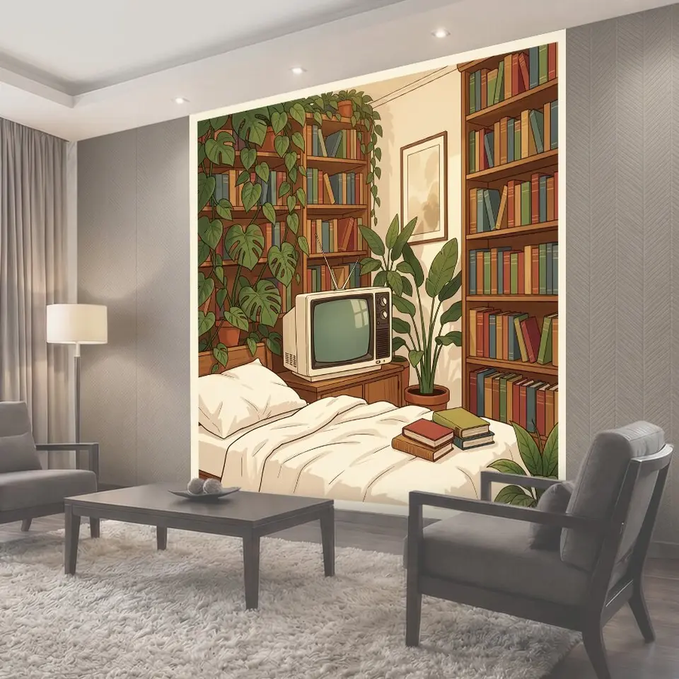 Фотообои Уютная спальня с книгами и растениями
