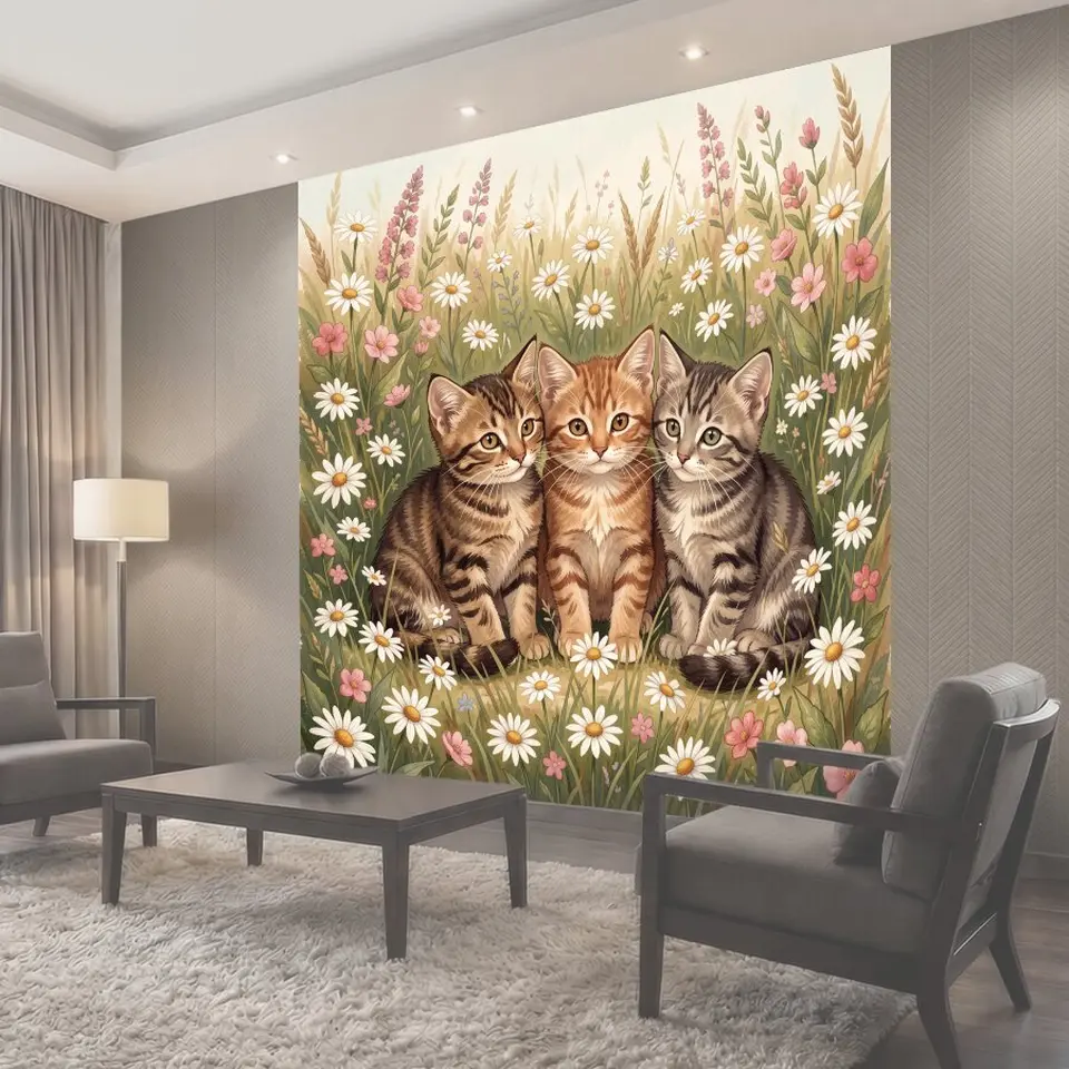 Фотообои Три котёнка среди луговых цветов