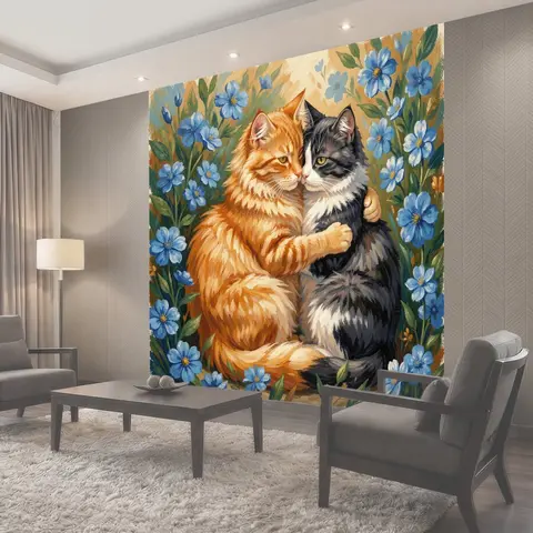 Фотообои Обнимающиеся коты среди цветов