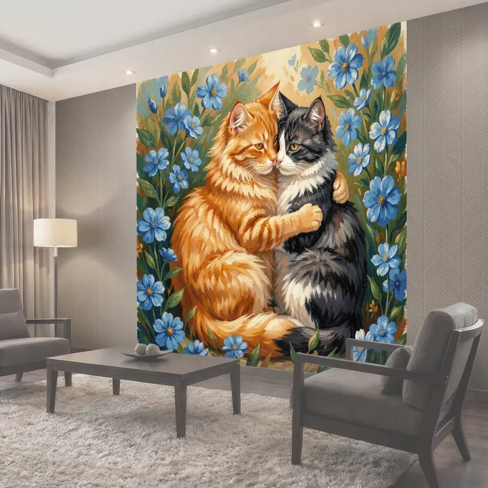 Фотообои Обнимающиеся коты среди цветов