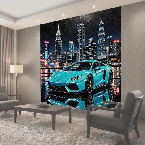 Фотообои Спортивный автомобиль у ночного мегаполиса