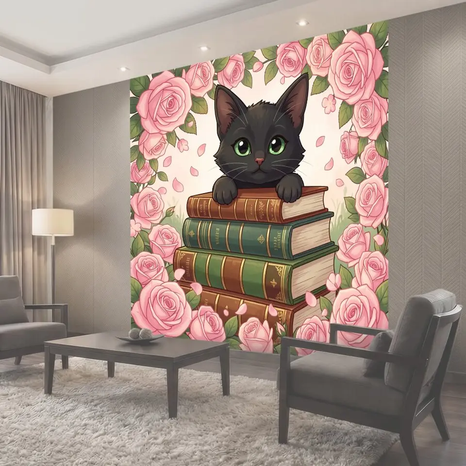 Фотообои Черный кот среди роз и книг