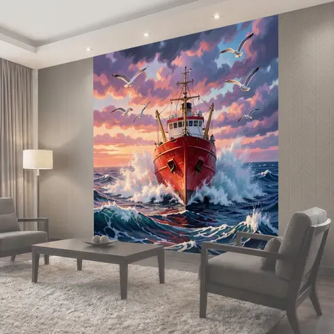Фотообои Красный корабль в штормовом море