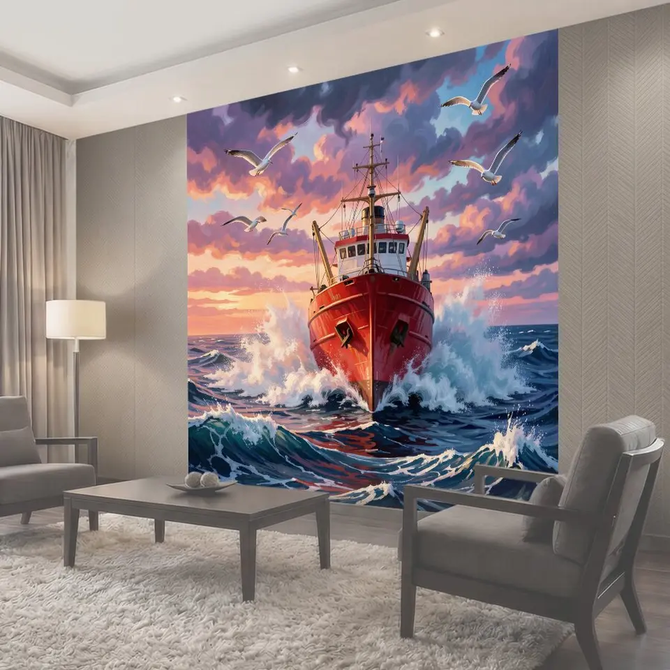 Фотообои Красный корабль в штормовом море