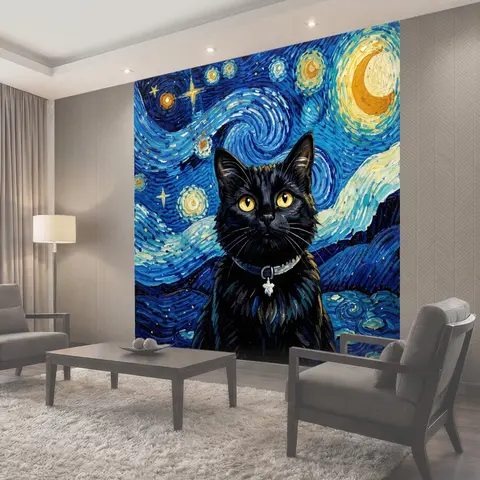 Фотообои Черный кот под звездным небом
