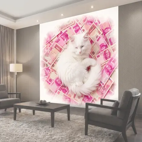 Фотообои Белый кот на розовых купюрах