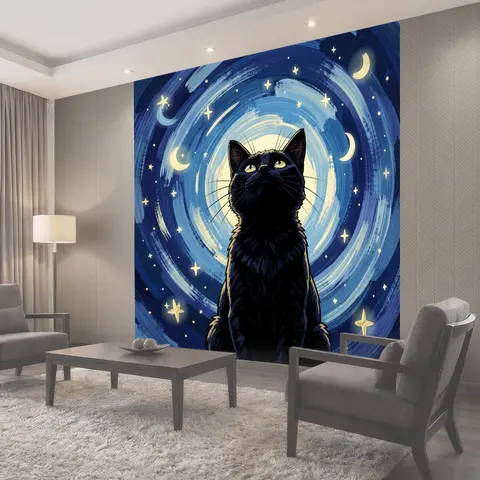 Фотообои Черный кот под звездным небом