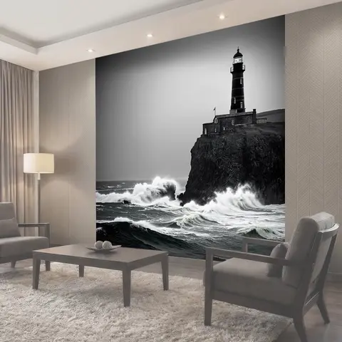 Фотообои Черно-белый с детализированным изображением старинного маяка, стоящего на утёсе, окружённом бушующими волнами