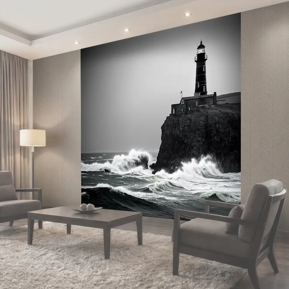 Фотообои Черно-белый с детализированным изображением старинного маяка, стоящего на утёсе, окружённом бушующими волнами
