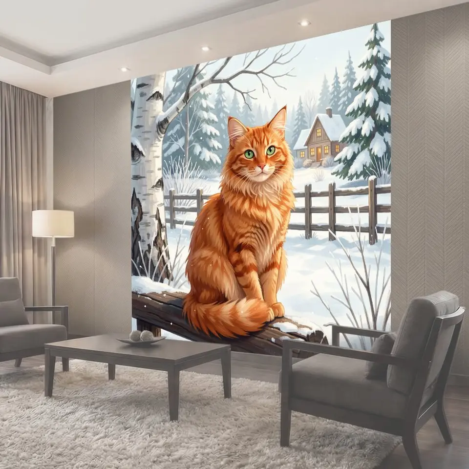 Фотообои Рыжий кот в зимнем лесу