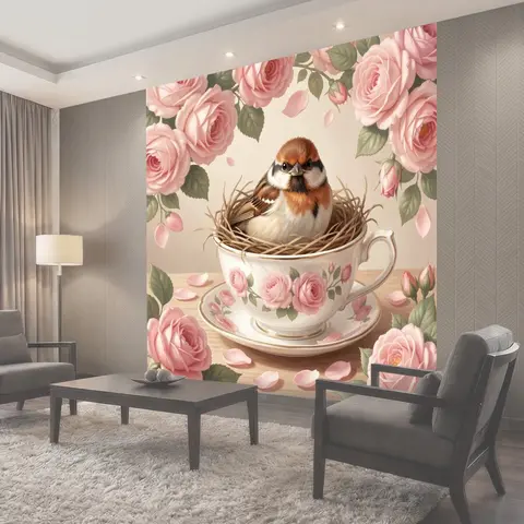 Фотообои Птичка в чашке с розами