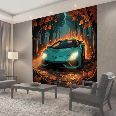 Фотообои Спортивный автомобиль в огненном лесу