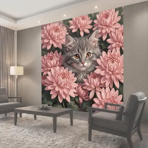 Фотообои Серый котёнок среди хризантем