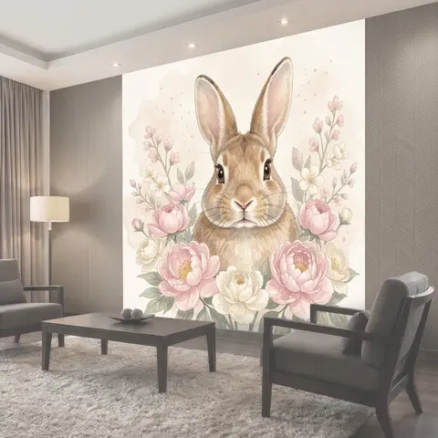 Фотообои Кролик среди розовых пионов