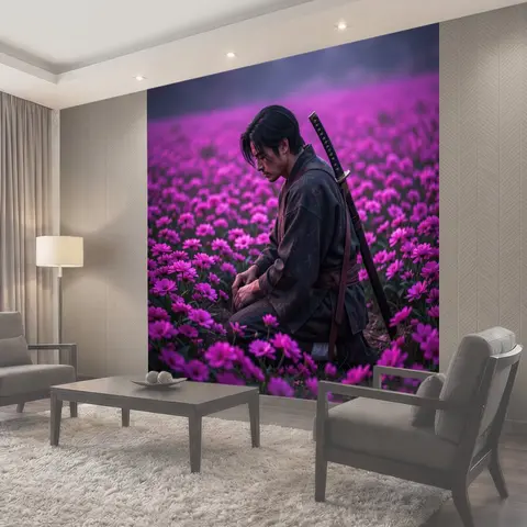 Фотообои Самурай среди фиолетовых цветов