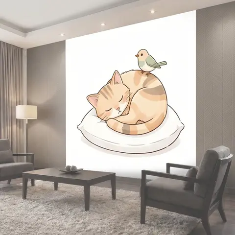 Фотообои Спящий кот и птичка