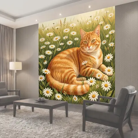 Фотообои Рыжий кот среди ромашек