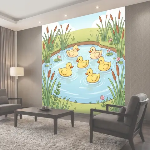 Фотообои Утенки в пруду среди камышей