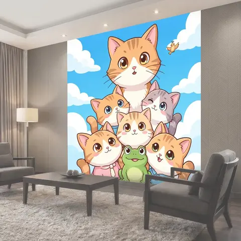 Фотообои Семья милых котят с лягушкой