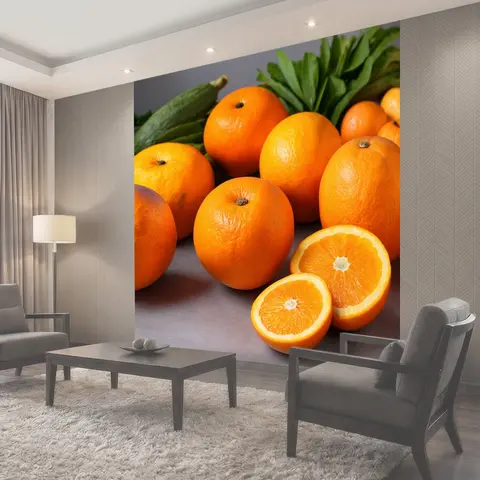 Фотообои Оранжевый цвет, оранжевые фрукты и овощи на плоскости, выполненные в технике натюрморта, демонстрирующие…