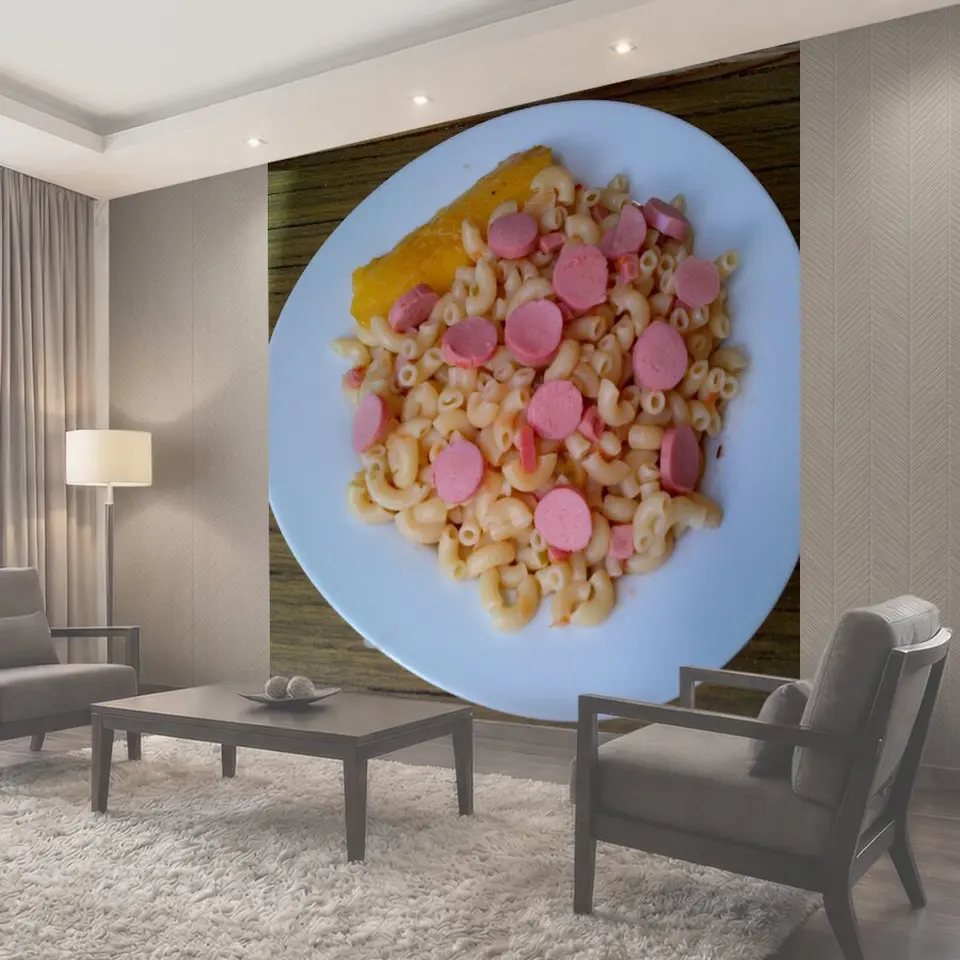Фотообои Еда Паста с сосисками и кусочком подорожника еда питание макаронные изделия колбаса ломтик…