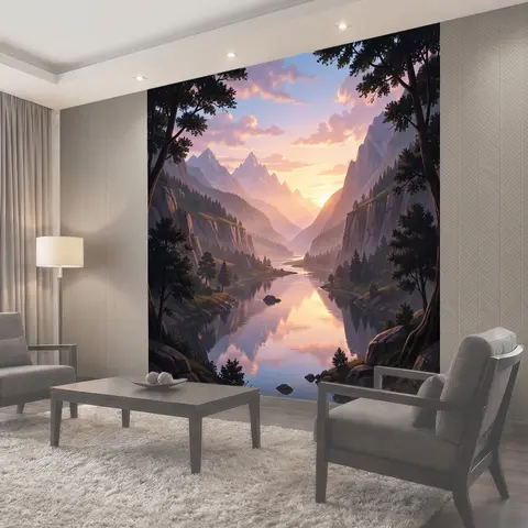 Фотообои Горная долина с рекой на закате
