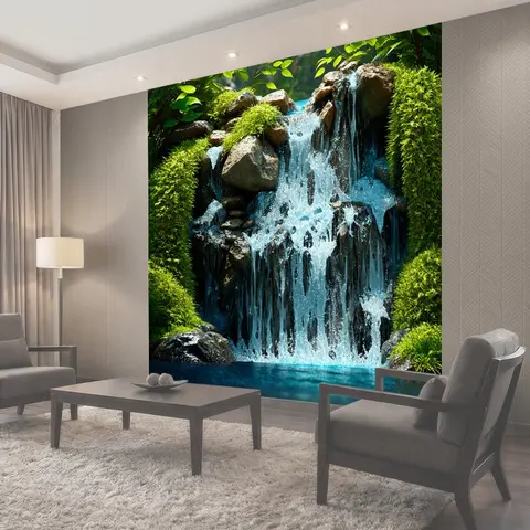 Фотообои Стильная 3d-модель водопада с точным учетом всех деталей, включая мелкие капли, камни и листья