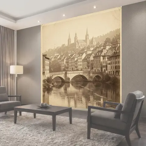 Фотообои Старинный город с мостом и рекой