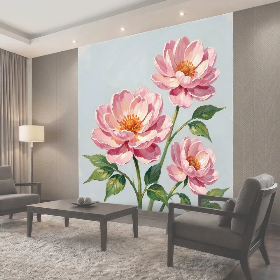Фотообои Розовые пионы на голубом фоне