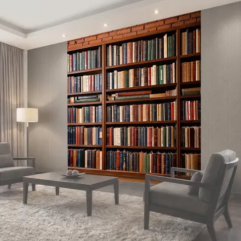 Фотообои Кирпичи стена в старой библиотеки, среди книжных полок с книгами