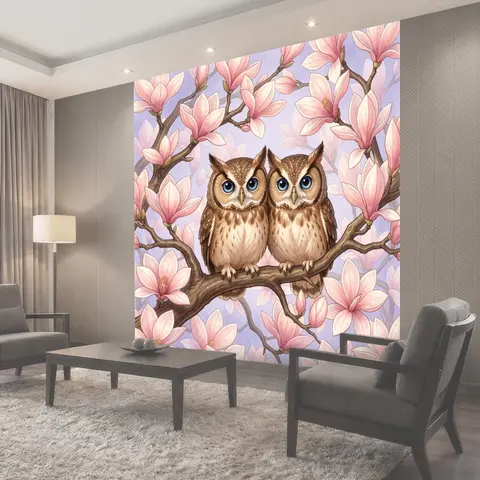 Фотообои Совята среди цветущих ветвей