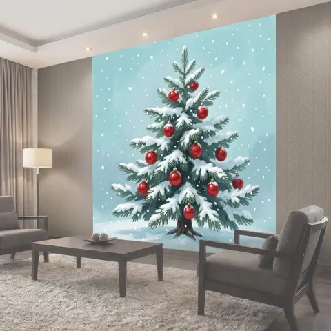 Фотообои Заснеженная ель с красными шарами