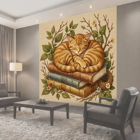 Фотообои Спящий рыжий кот на книгах