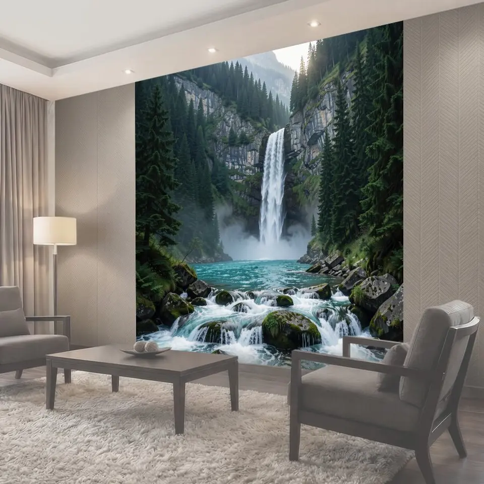 Фотообои Водопад в хвойных горах