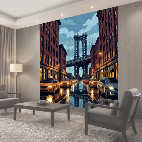 Фотообои Ночной город с мостом и такси