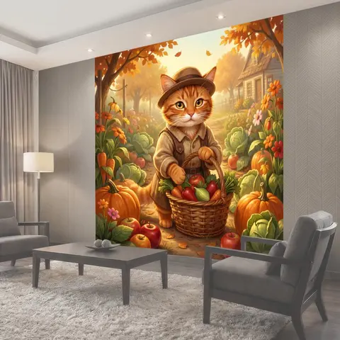 Фотообои Рыжий кот с корзиной урожая
