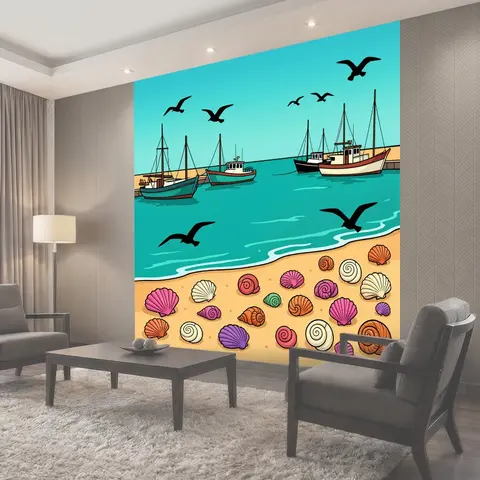 Фотообои Морские ракушки и рыбацкие лодки