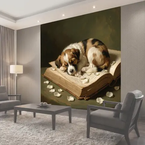 Фотообои Спящий щенок на старой книге