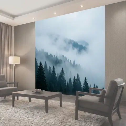 Фотообои Туманный хвойный лес в горах