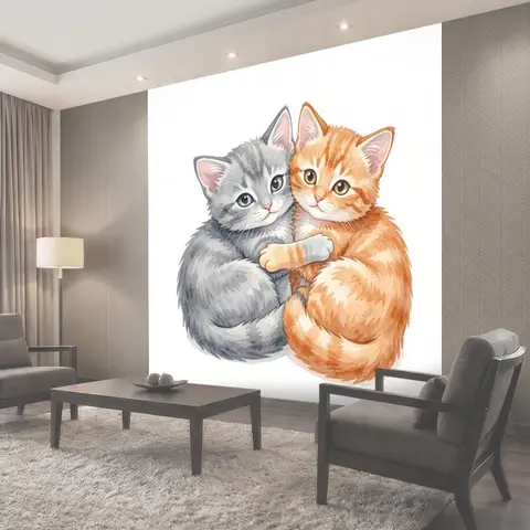 Фотообои Котята серый и рыжий обнялись