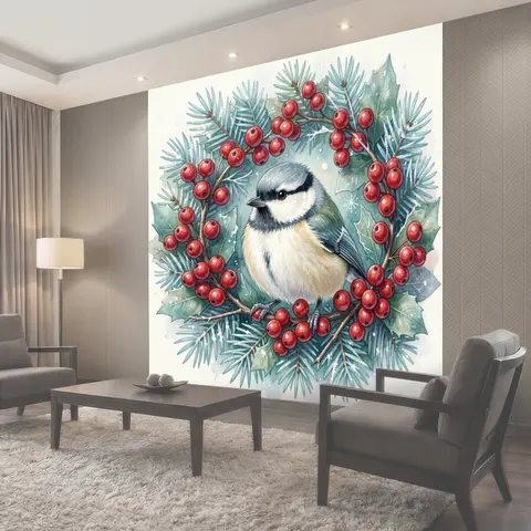 Фотообои Синица в зимнем венке