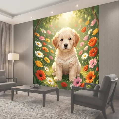 Фотообои Щенок в цветущем саду