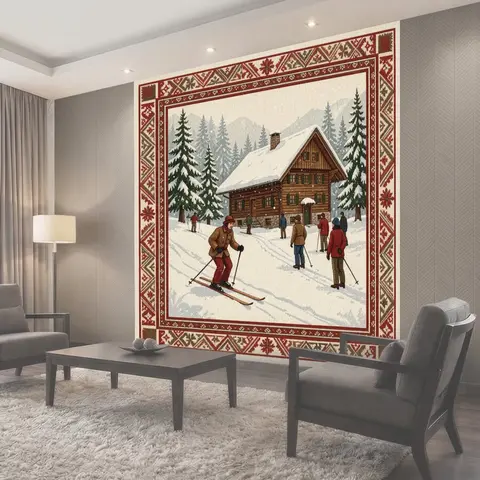 Фотообои Зимнее шале с лыжниками