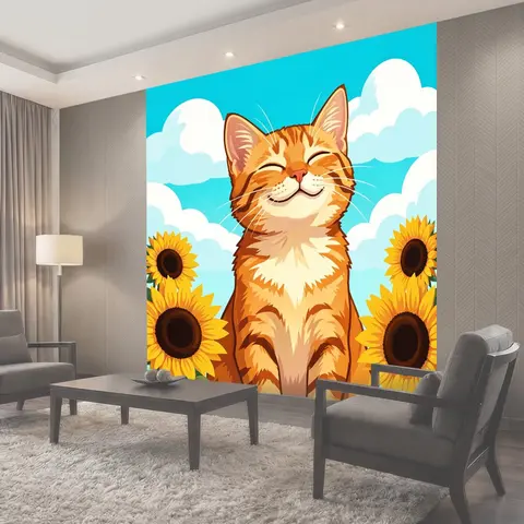 Фотообои Улыбающийся рыжий кот с подсолнухами